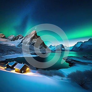 urora Lofoten Green northern Starry sky with polar Night winter landscape with sea with sky