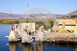 Uros floating islands on high altitiude lake Titicaca