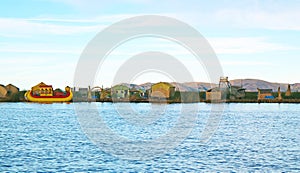 Uros Floating Islands with the traditional Totora Reed Boats on Lake Titicaca, Puno, Peru