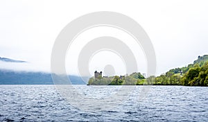 Urquhart Castle at the Loch Ness, a large, deep, freshwater loch in the Scottish Highlands southwest of Inverness