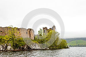 Urquhart Castle at the Loch Ness, a large, deep, freshwater loch in the Scottish Highlands southwest of Inverness