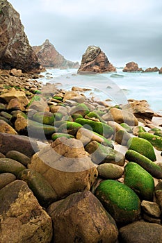 Ursa beach, Portugal. Moonlit seascape. Long exposure.