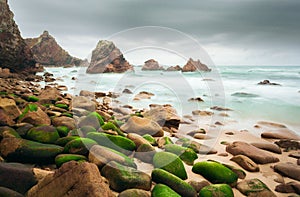 Ursa beach, Portugal. Moonlit seascape. Long exposure.