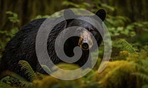 Ursus americanus known as American black bear foraging in lush wilderness of the Pacific Northwest. Bear is in its natural habitat
