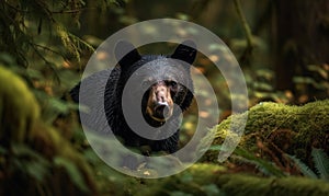 Ursus americanus known as American black bear foraging in lush wilderness of the Pacific Northwest. Bear is in its natural habitat