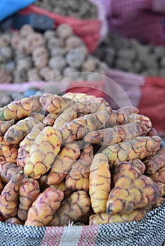 Urubamba, Peru - 30 June, 2022: Local produce on sale in the Urubamba Central Market, Sacred Valley, Cusco, Peru