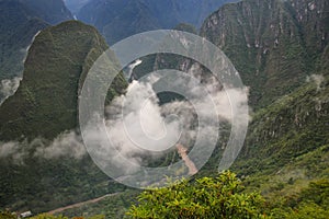 Urubamba River with morning fog near Machu Picchu in Peru