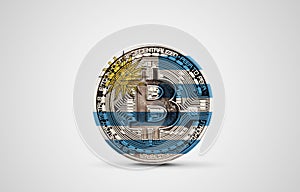 Uruguay flag on a bitcoin cryptocurrency coin. 3D Rendering