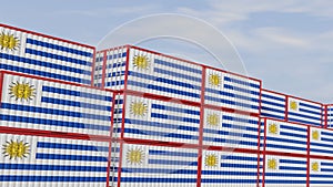 Uruguay flag containers are located at the container terminal. Concept for Uruguay import and export 3D
