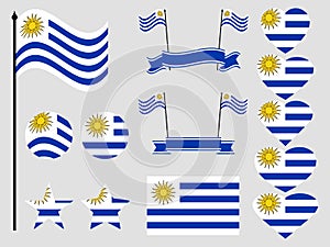 Uruguay flag set symbols, flag in heart. Vector