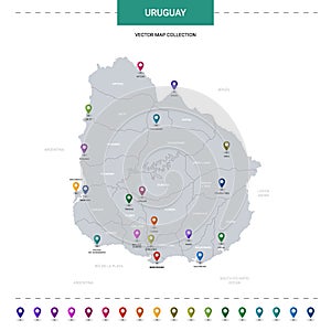 Uruguay map with location pointer marks.