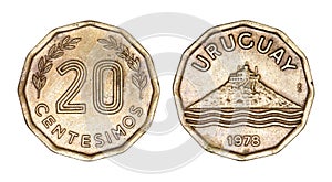 Uruguayan coin 20 twenty centesimos 1978, building on top of hill, stylized waves below, isolated on white background