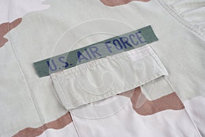 US AIR FORCE branch tape on desert camouflage uniform