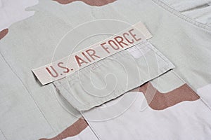 US AIR FORCE branch tape on desert camouflage uniform