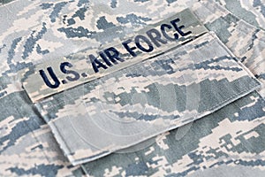 US AIR FORCE branch tape on digital tiger-stripe pattern Airman Battle Uniform ABU photo