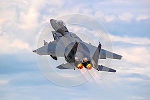 US Air Force F-15C Eagle fighter jet from 104th Fighter Wing taking off from Hohn Air Base during NATO exercise Air Defender 2023