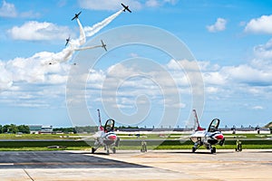 US Airforce Thunderbirds military Airplanes performing in an airshow with sunlight