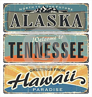 US. All States. Alaska. Tennessee. Hawaii. Retro souvenirs. Old paper postcard.