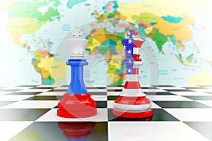 US America and Russia Flags on Kings Chess over a Chess Board. 3