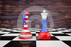 US America and Russia Flags on Kings Chess over a Chess Board. 3