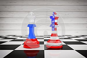 US America and Russia Flags on Kings Chess over a Chess Board. 3