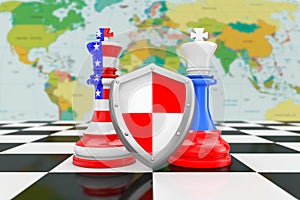 US America and Russia Flags on Kings Chess with Protective shield over a Chess Board. 3d Rendering