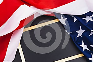 US American flag with blackboard on black background. For USA Memorial day,  Memorial day, Presidents day, Veterans day, Labor day