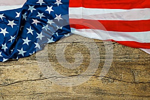 US American flag on old wooden background. For USA Memorial day, Veteran`s day, Labor day, or 4th of July celebration