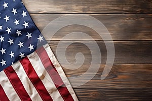 US American flag on wooden background. For USA Memorial day, Veteran`s day, Labor day, or 4th of July celebration. With blank