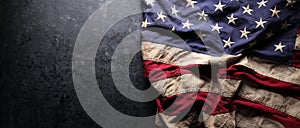 US American flag on worn black background. For USA Memorial day, Veteran`s day, Labor day, or 4th of July celebration.