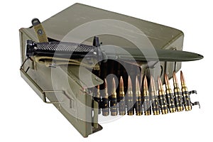 US Army Ammo Box with ammunition belt and bayonet