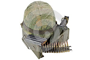 US Army Ammo Box with ammunition belt, bayonet and helmet