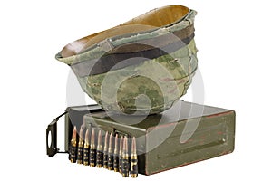 US Army Ammo Box with ammunition belt and helmet photo