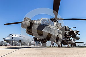 US Army Boeing AH-64D Apache Longbow attack helicopter at the International Aerospace Exhibition ILA. Berlin-SChonefeld, Germany