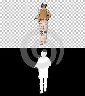 US Army ranger in combat uniform walking, Alpha Channel with Sil