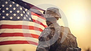 US Army soldier with the national flag of America. Greeting card for Military Veterans Day, Memorial Day