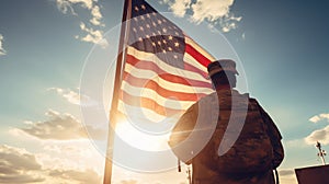 US Army soldier with the national flag of America. Greeting card for Military Veterans Day, Memorial Day