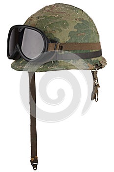 US Army Vietnam era M1 helmet shell, liner, Mitchell pattern camouflage cover with protective goggles