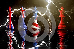 Us Australia and Great Britain flags paint over on chess king.aukus defense pact. 3D illustration aukus vs china