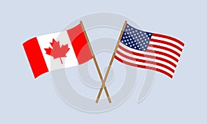 US and Canada crossed flags on stick. American and Canadian national symbols. Vector illustration