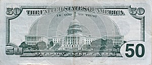 US Capitol on 50 dollars banknote back side closeup macro fragment. United states fifty dollars money bill