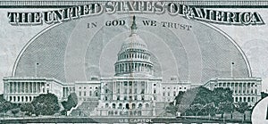 US Capitol on 50 dollars banknote back side closeup macro fragment. United states fifty dollars money bill