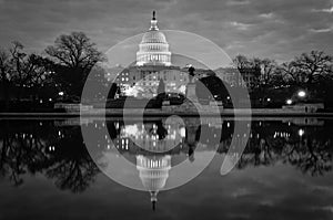 US Capitol building and mirror reflection in black and white, Washington DC, USA
