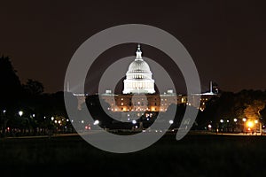 US Capitol Building at Night with Mirror Reflection in Lake