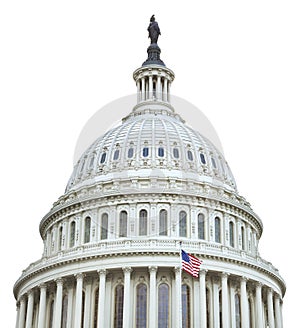 US Capitol dome with American flag isolated on white background