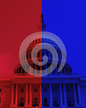 The US Capitol dome in Washington DC with half Republican red and half Democrat blue