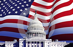 The US Capitol in Washington with the American flag waving in the background