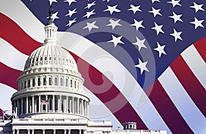 The US Capitol in Washington with the American flag waving in the background