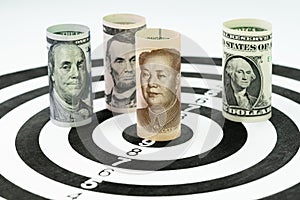 US and China financial trade war tariff strategy concept, US Dollar bank roll surround and targeting Chinese Yuan bank roll at th