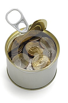 US coins in open tin can